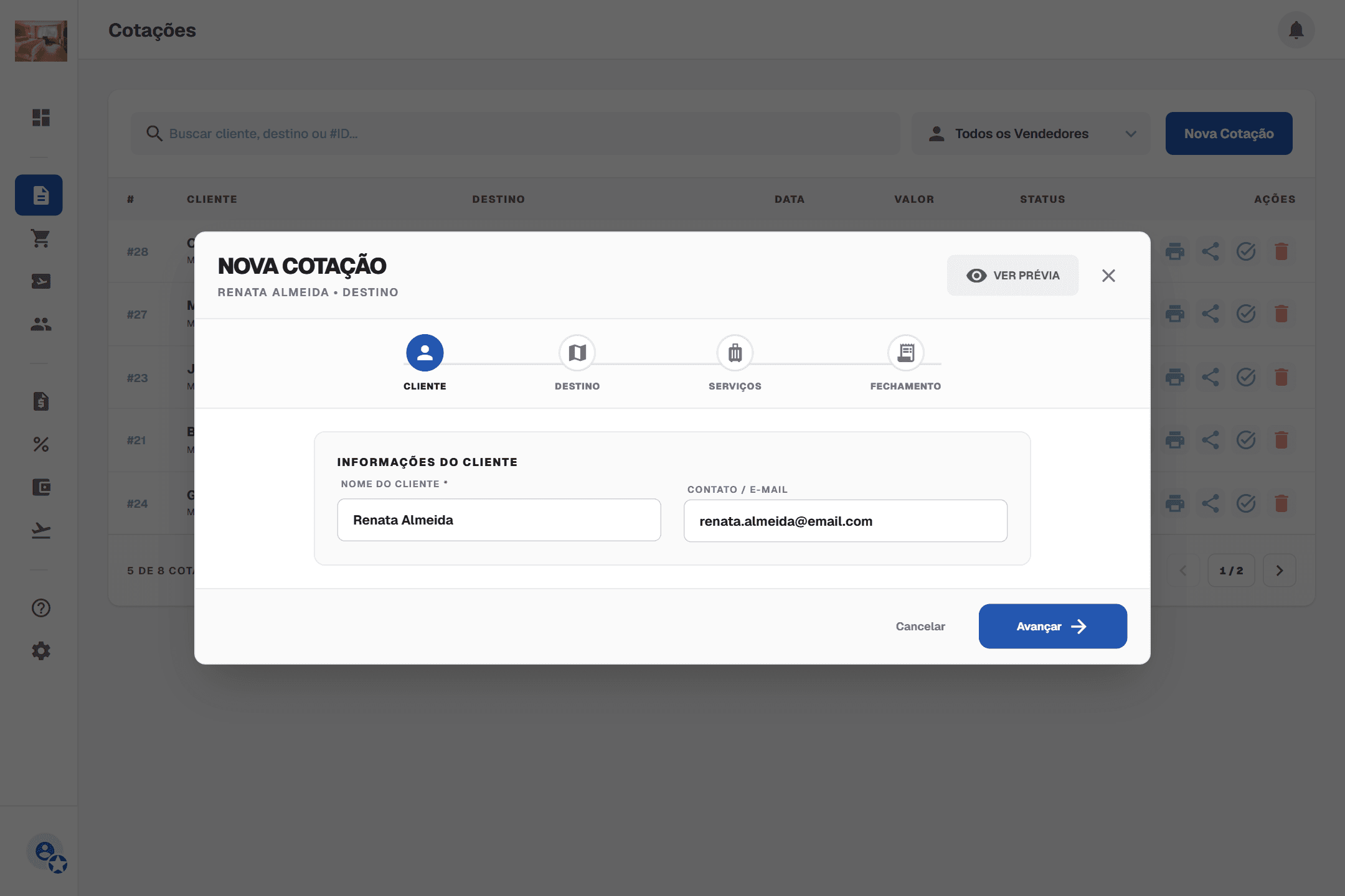 Cotação em minutos — Cliente, destino, serviços e fechamento: a proposta sai em PDF com a sua marca.